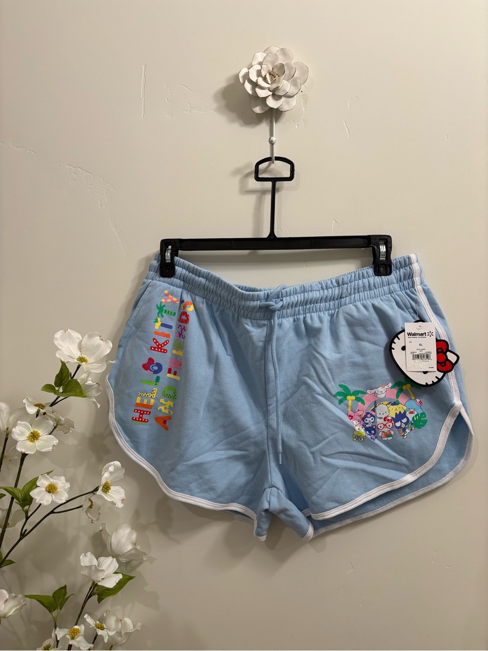 Hello Kitty Light Blue Athletic Lounge Shorts with Colorful Prints